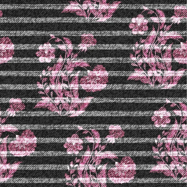 Eastern floral seamless print on striped denim backdrop. Pink doodle flowers on a dark gray background, color graphics, jeans texture, hand-drawn vector. — Stock Vector