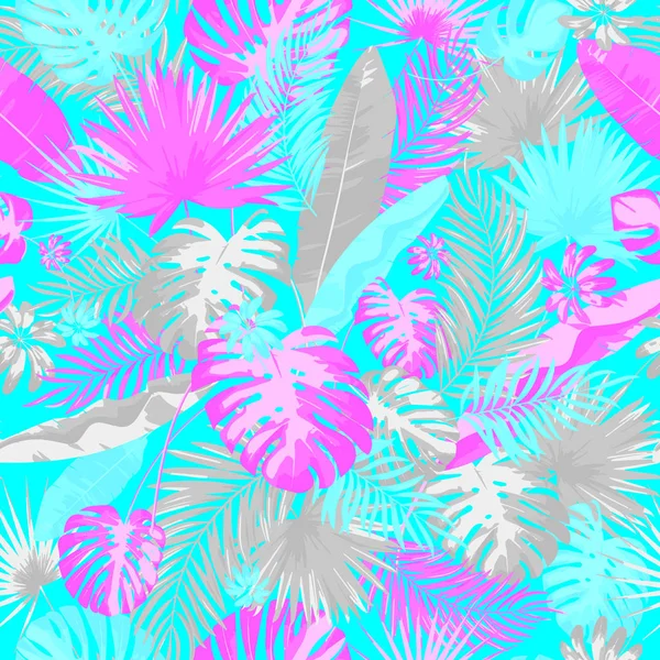 Estampado tropical de verano con hojas y plantas exóticas. Colores de moda dibujo a mano patrón sin costuras — Vector de stock