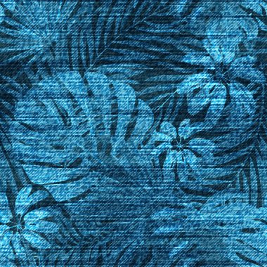Vektör denim egzotik yaprak seamless modeli. Kot arka plan tropik bitkiler ile soluk. Mavi jeans kumaş arka plan