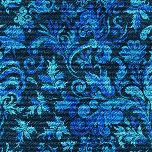 Vector denim ornamental garabato patrón floral sin costuras. Fondo de jeans descoloridos con flores de fantasía. Fondo de tela vaqueros azules — Vector de stock