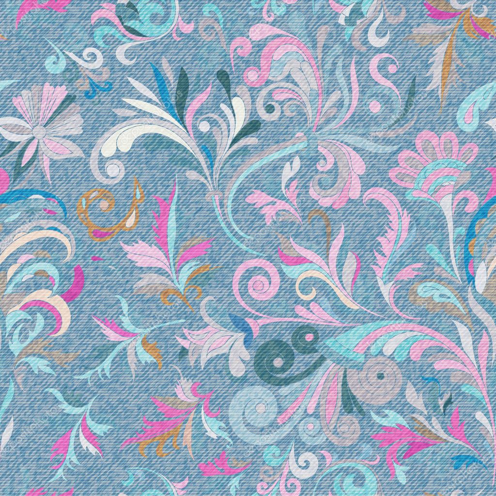 Light Blue Denim With Colorful Floral Pattern Beautiful Ornamental Floral Seamless Background Hand Draw Eastern Paisley Ornament Vector 157543052 Larastock