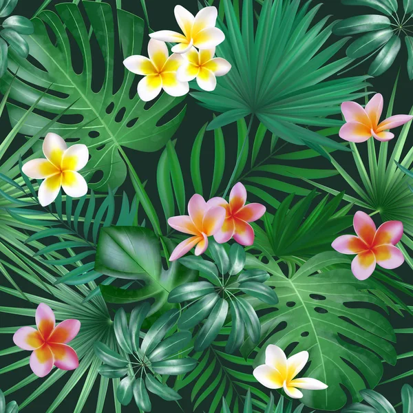 Naadloze exotische patroon met tropische bladeren en bloemen op een donkere achtergrond achtergrond. Realistische tropische planten naadloze patroon. Vectorillustratie. — Stockvector