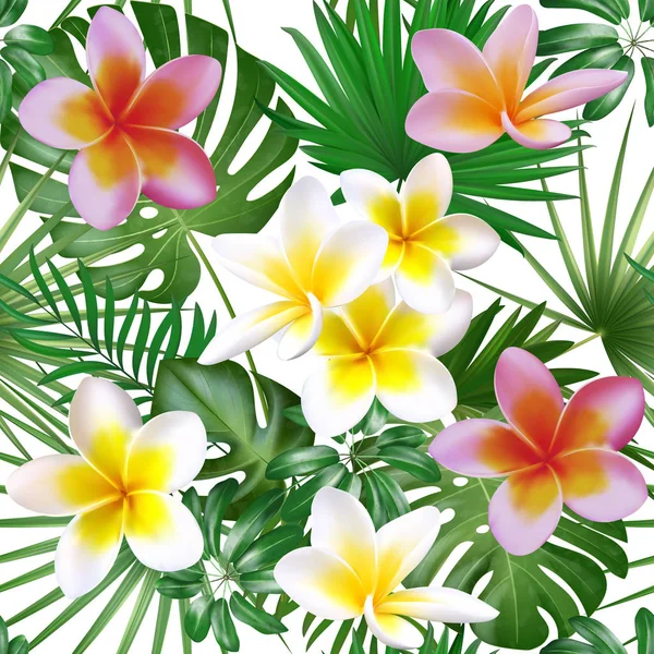 Modello esotico senza soluzione di continuità con piante tropicali. Grandi fiori di plumeria con foglia di palma. Illustrazione vettoriale . — Vettoriale Stock