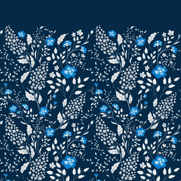 Der Rand aus zarten kleinen blauen und weißen Blüten auf marineblauem Hintergrund von oben. flache Verlegestile. — Stockvektor