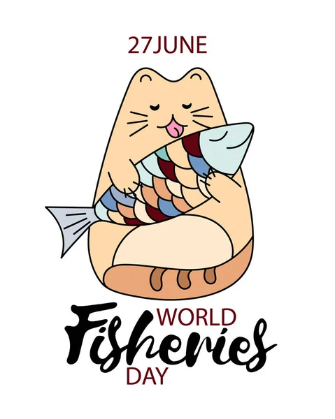 Visserij dag hand tekenen van illustratie. Grappige cartoon kat met fish foto voor wereld vissers dag wenskaart, banner, web enz. Vector — Stockvector