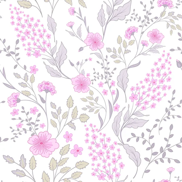 Calico delicate roze groen kleuren patroon. Schattig naadloze schattige kleine bloemen voor weefsel ontwerp. Calico patroon in land stile. Trendy handbeschilderd millefleurs. — Stockvector