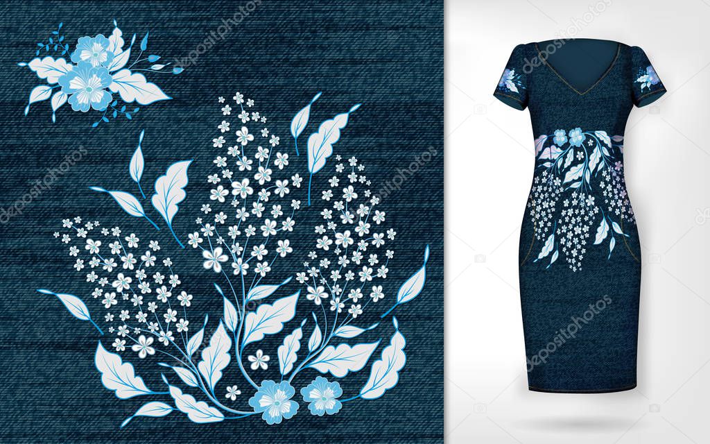 Embroidery patch vintage flowers. Show embroidery on denim and dress mockup. Vector