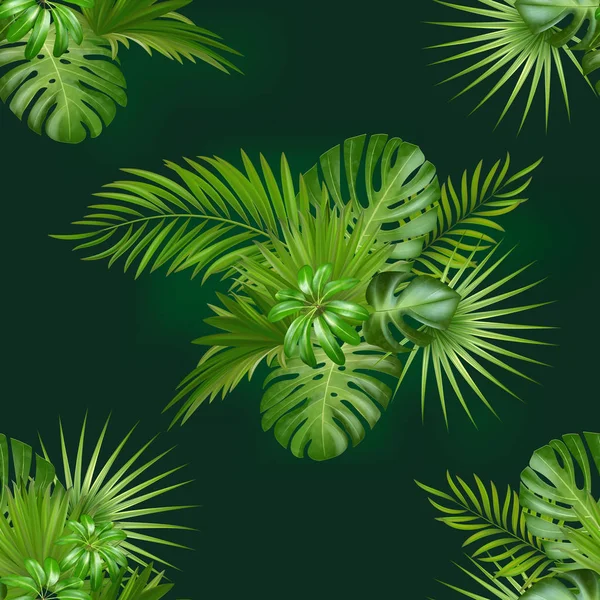 Naadloze hand getekende botanische exotische vector patroon met groene palm bladeren op donkere achtergrond. — Stockvector