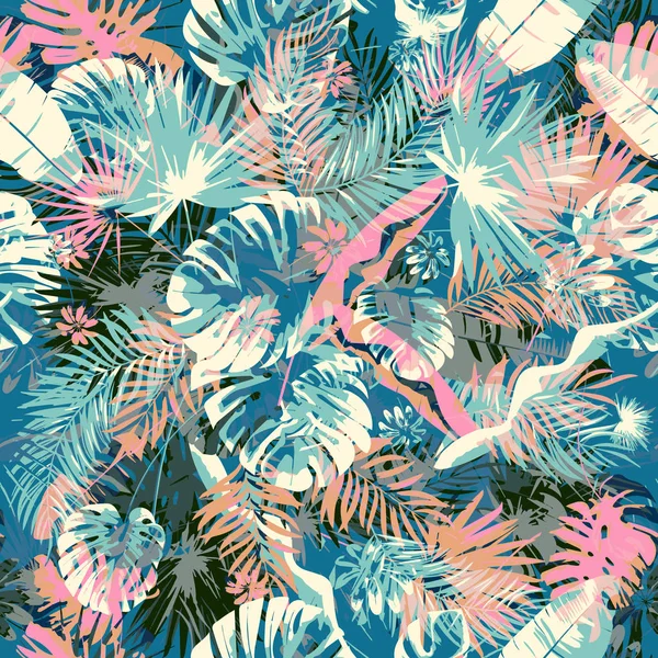 Exotische Sommer endlose Hintergründe, abstrakte kreative trendige bunte nahtlose Muster mit tropischen Blatt nahtlose Muster. handgezeichnete künstlerische Textur. Pop-Art. — Stockvektor