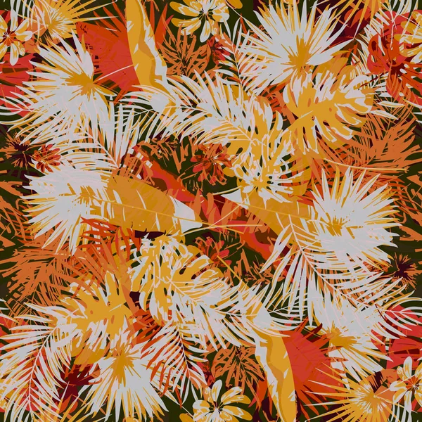 이국적인 여름 끝 없는 배경, 추상 창조적인 유행 다채로운 원활한 패턴 트로픽 잎 완벽 한 패턴. 손으로 그린 예술 텍스처입니다. 팝 아트 — 스톡 벡터