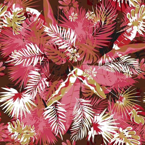 Tropical floral palmeras sin costura patrón de un camuflaje de fondo de colores de moda. Pintura gráfica plantas exóticas y la selva en un fondo abstracto grunge . — Vector de stock