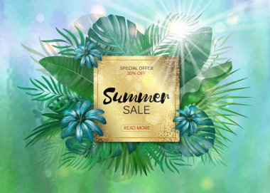 Satılık. Kare yaz Satılık tropikal çerçeve witn güneş ışığı bırakır. Tropik çiçekler, yapraklar ve arka plan bitkiler