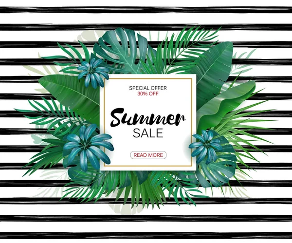 Summer sale advertising template. Tropic leaves background with frame for your text. Eps10 vector — Stock Vector