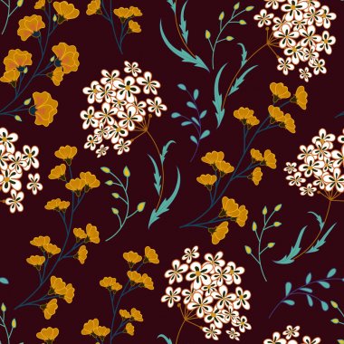 Sevimli çiçek desenli küçük çiçek. Motifler rastgele dağılmış. Kafe Yazdır. Sorunsuz vektör doku. Küçük renkli çiçeklerle yazdırma. Vinous arka plan üzerinde beyaz turuncu bitkiler.