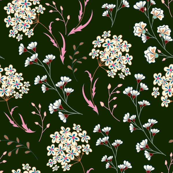 Lindo vector patrón floral sin costuras con flores y hierbas . — Archivo Imágenes Vectoriales