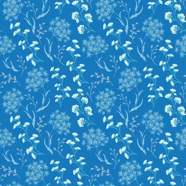Cute Floral pattern in the small flower. Motifs scattered random. Ditsy print. Seamless vector texture. Printing with small colorful flowers. Blue ornate background. — Stock Vector