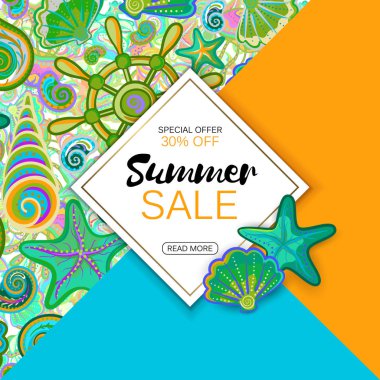 Nesneleri deniz yaşamı, parlak tasarım ile yaz satış banner. Vektör eps 10