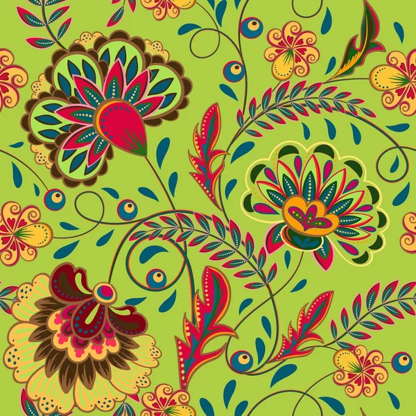 Patrón floral Florecer azulejos de origen étnico oriental. Adorno árabe con fantásticas flores y hojas. Maravillas motivos de las pinturas de antiguos patrones de tela india . — Vector de stock