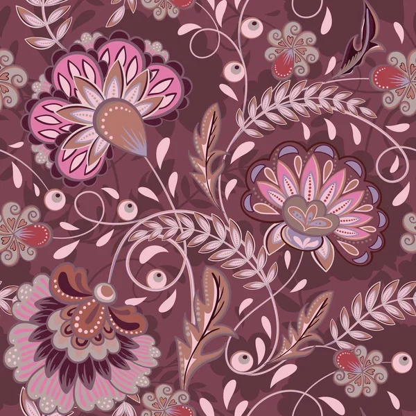 Padrão floral Flourish azulejos origem étnica oriental. Ornamento árabe roxo com flores e folhas fantásticas. Motivos do País das Maravilhas das pinturas dos antigos padrões de tecido indiano — Vetor de Stock