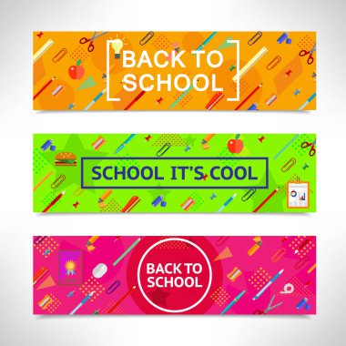 Geri okul vektör yatay için set afiş. Renkli arka okul nesne ve malzemeleri.