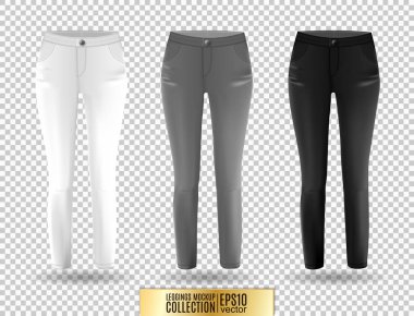 Boş tozluk mockup set, beyaz, gri ve siyah şeffaf arka plan üzerinde. Açık leggins şablonu. Kumaş tasarım sunum pantolon. Spor pantolon modeli Taytın önlüğünün streç.
