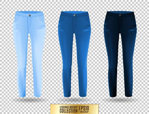 Blank leggings mockup set, blue and denim on transparent background. Clear leggins template. Cloth pants design presentation. Sport pantaloons stretch tights model wearing. Royalty Free Stock Illustrations