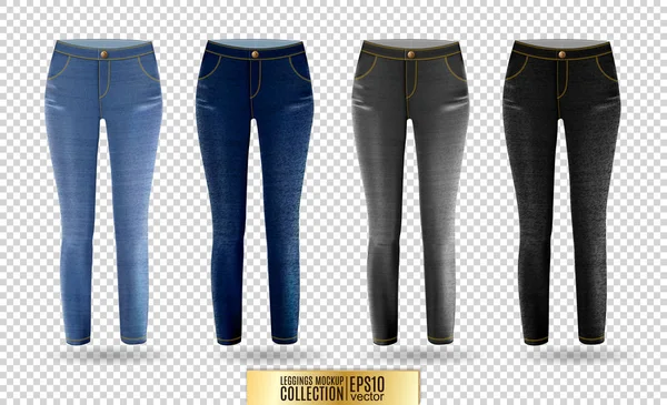 Blank leggings mockup set, blue and gray denim on transparent background. Clear leggins template. Cloth pants design presentation. Sport pantaloons stretch tights model wearing. Royalty Free Stock Vectors