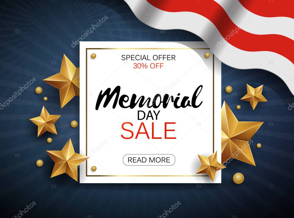Memorial day sale banner with flag and golden stars. Vector
