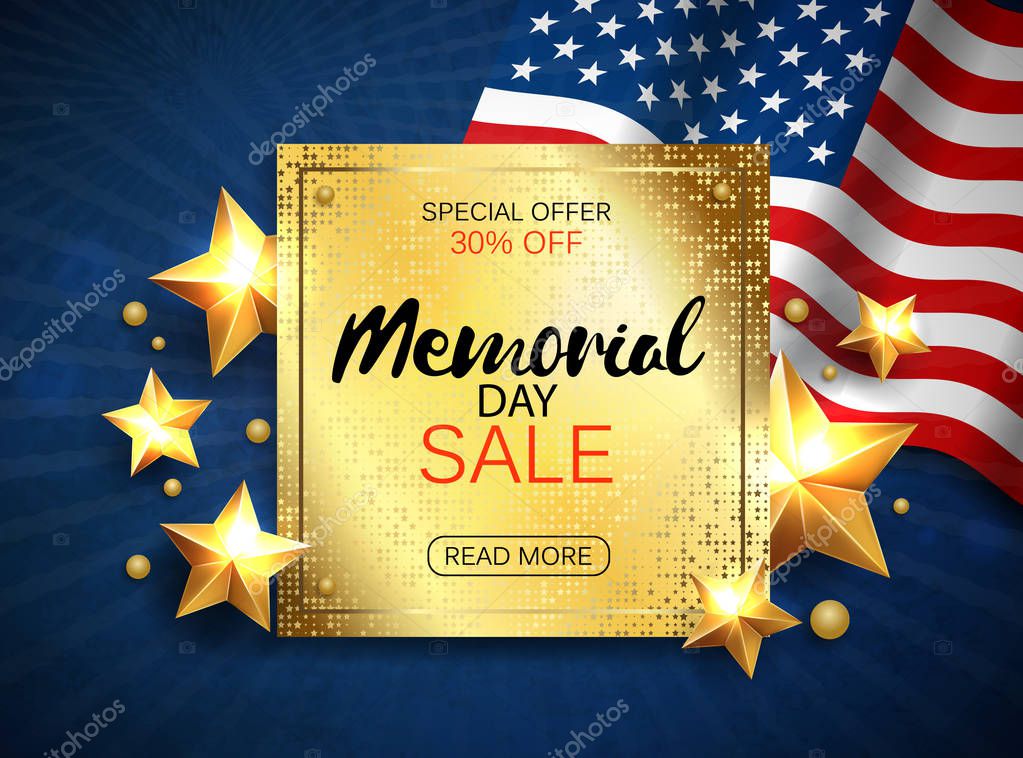 Memorial day sale banner with flag and golden stars. Vector
