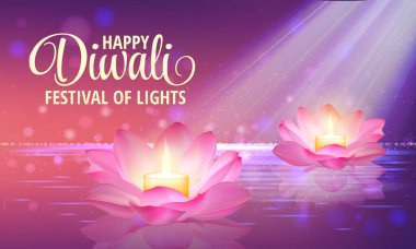 Diwali. Vektör. Açık renkli festival. Pembe lotus ve içinde yanan bir mum ile arka plan tebrik.