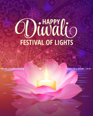 Diwali. Vektör. Açık renkli festival. Pembe lotus ve içinde yanan bir mum ile arka plan tebrik.