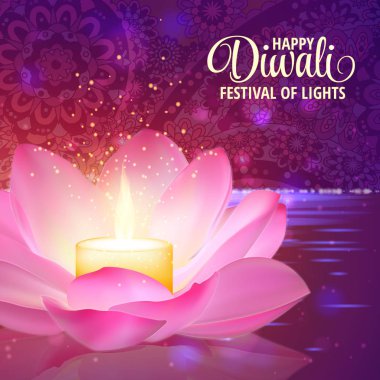 Diwali. Vektör. Açık renkli festival. Pembe lotus ve içinde yanan bir mum ile arka plan tebrik.