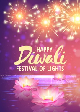 Lotus çiçeği mum yanan vektör çizim. Mutlu Diwali Holiday arka plan. Işıklar tebrik kartı Festivali