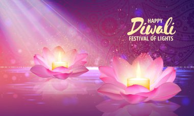 Lotus çiçeği mum yanan vektör çizim. Mutlu Diwali Holiday arka plan. Işıklar tebrik kartı Festivali
