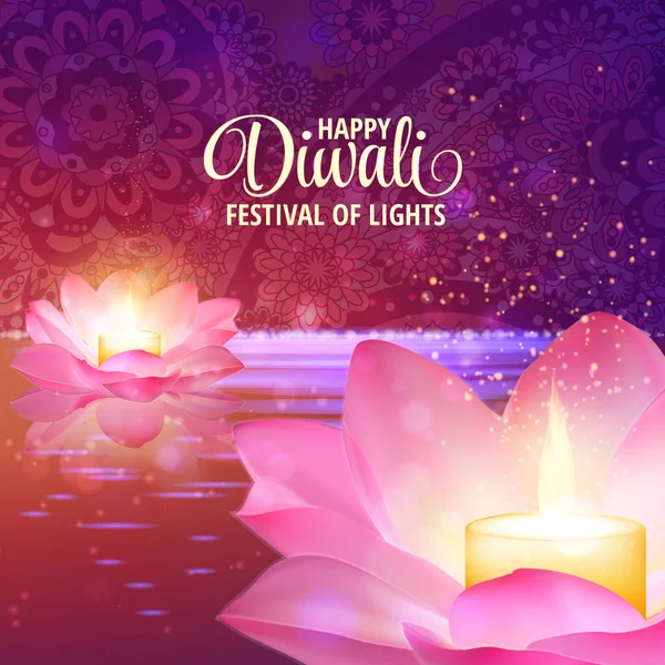 Diwali tebrik arka plan. 3B vektör. Işıklar illüstrasyon festival. Lotus kandil.
