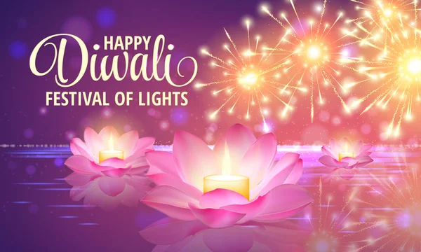 Diwali tebrik arka plan. 3B vektör. Işıklar illüstrasyon festival. Lotus kandil.