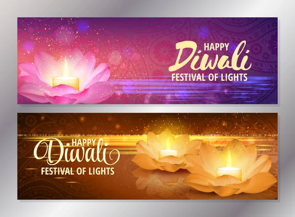 Set aus zwei horizontalen Diwali-Bannern mit glühender Kerze auf rosa Lotus. Vektor. Lichterfest zur Begrüßung der Flyer. — Stockvektor