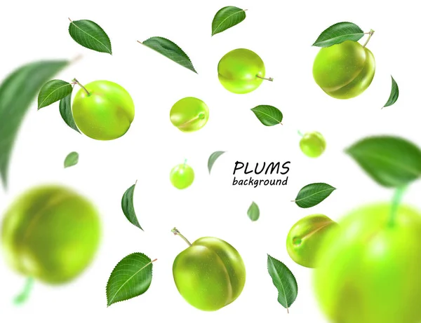Fliegende grüne Pflaumen Hintergrund. realistischer Qualitätsvektor. eps10. — Stockvektor