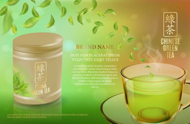 Çay reklam afiş, poster veya başlık sayfası şablonu. Yeşil çay arka plan. Kalite gerçekçi vektör, 3d