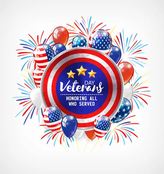 Veterans Day. Honoring all who served. Usa flag colors on background. Balloons and firework. — Stock Vector