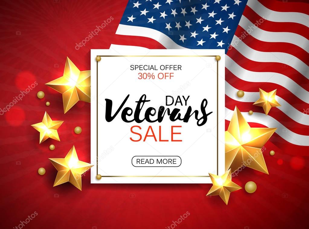 Veterans day sale banner template design. White plate with lettering on patriotic background. Vector