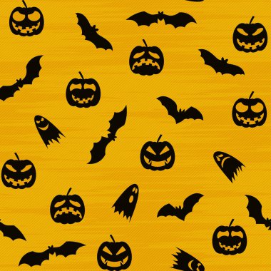 Cadılar Bayramı turuncu, kusursuz desen. Balkabaklarıyla, kafataslarıyla, yarasalarla, örümceklerle, hayaletlerle, kemiklerle, şekerlerle, örümcek ağıyla ve Boo ile konuşan baloncuklarla sonsuz bir arkaplan.