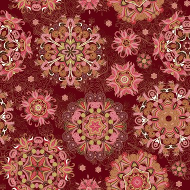 Stilize kar taneleri ile çiçek seamless modeli. Vinous arka plan bej kahverengi kırmızı kar taneleri.