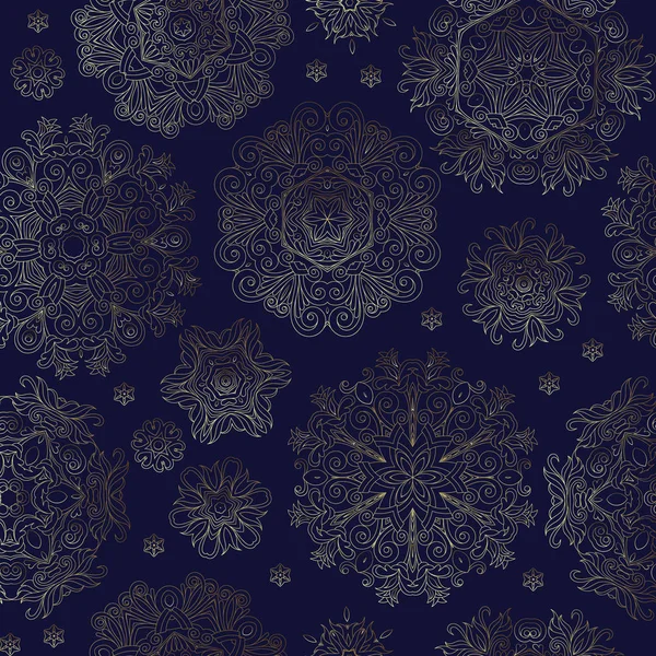 Patrón floral sin costuras con copos de nieve estilizados. Copo de nieve de línea dorada sobre fondo azul oscuro . — Vector de stock