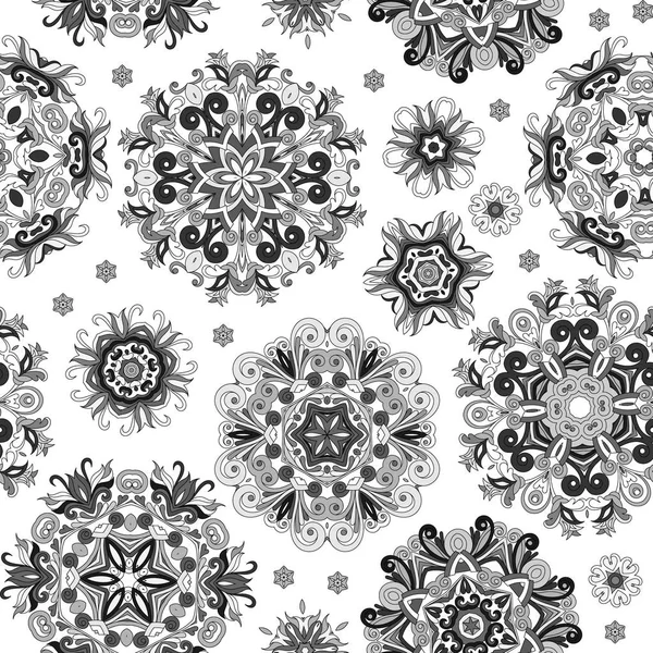 Motif floral sans couture avec flocons de neige stylisés. Flocons de neige gris sur fond blanc. Imprimé noir et blanc . — Image vectorielle
