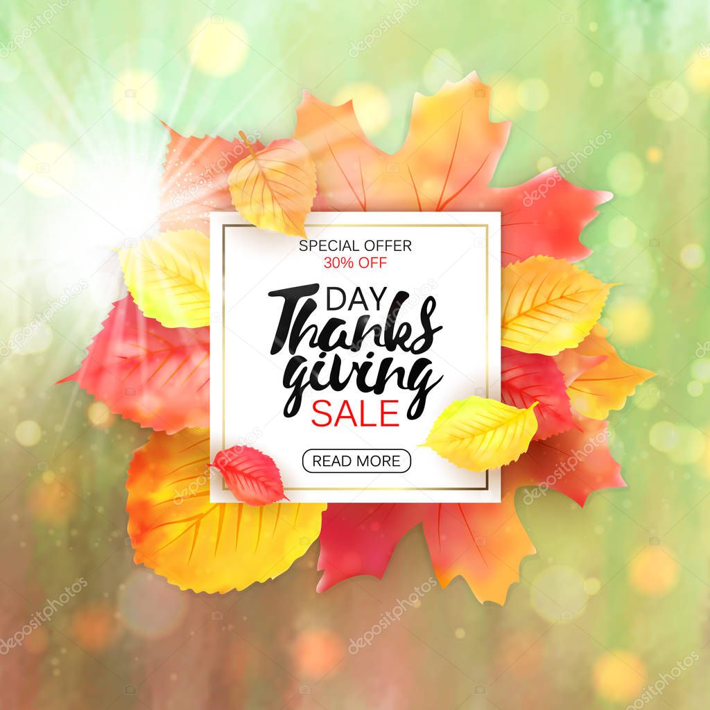 Thanksgiving sale letter with yellow leaves. Fall sale vector background. Special offer illustration. Season discount poster.