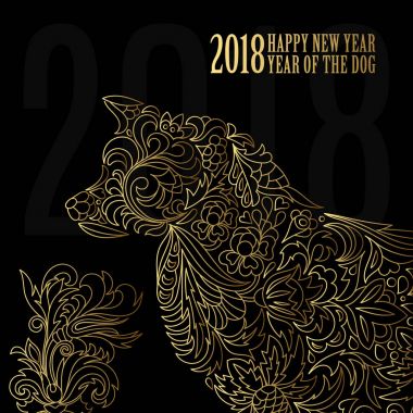 2018. tebrik Çin yeni yıl kartı ile stilize köpek. Tek renkli yazdırma. Vektör çizim.