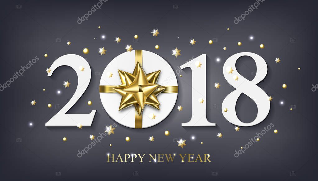 Vector 2018 Happy New Year background with golden gift with bow