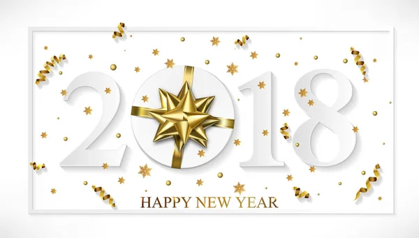 Vector 2018 Happy New Year fond blanc avec noeud cadeau doré — Image vectorielle