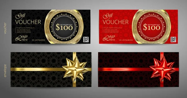 Ensemble de modèle de bon cadeau avec motif premium et conception de l'enveloppe. Chèque-cadeau bon modèle de conception de coupon. Vecteur — Image vectorielle